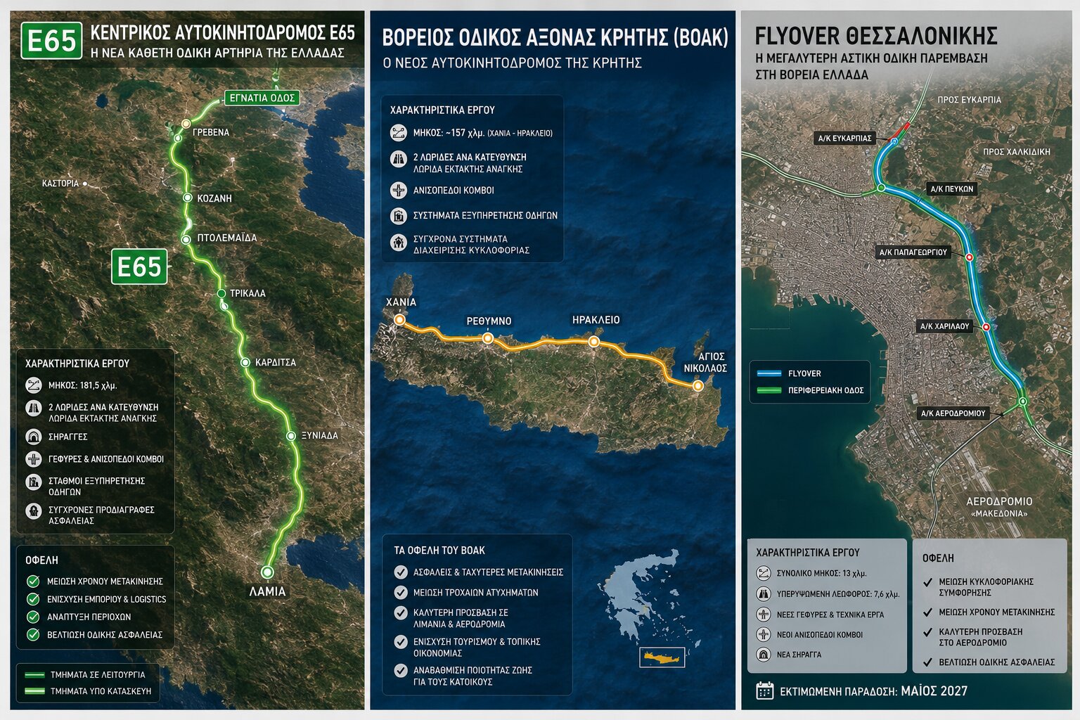 Οι τρεις αυτοκινητόδρομοι που θα αλλάξουν την Ελλάδα έως το 2027: Ε65, ΒΟΑΚ και Flyover Θεσσαλονίκης